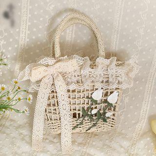 Lace Trim Straw Hand Bag Tulip - Almond - One Size