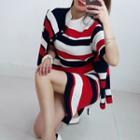Set: Striped Cardigan + Short-sleeve Knit Top + Pencil Skirt Red & Blue & White - One Size