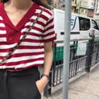 Striped V-neck Loose-fit Short-sleeve Knit Top