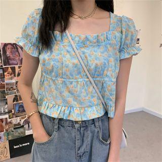 Floral Short-sleeve Slim-fit Top As Figure - One Size