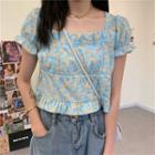 Floral Short-sleeve Slim-fit Top As Figure - One Size