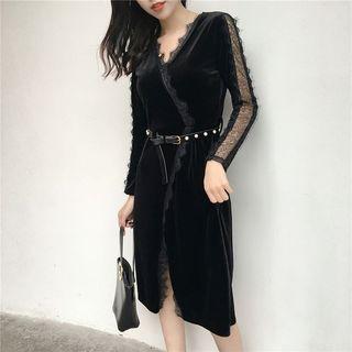 Lace Trim Velvet Long Sleeve Dress