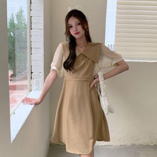 Short-sleeve Mock Two-piece Collared Dress