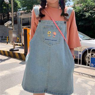 Embroidered Flower Mini Denim Dungaree Dress