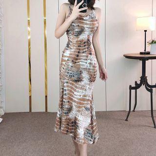 Spaghetti Strap Snake Print Ruffle Hem Midi Sheath Dress