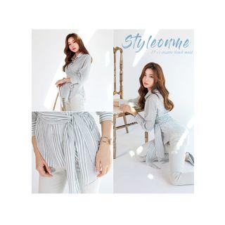 Tie-waist Layered Wrap-front Striped Blouse