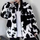Cow Print Fluffy Hooded Zip Jacket