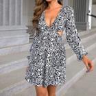 Long-sleeve V-neck Zebra Print Mini A-line Dress