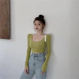 Long-sleeve Plain T-shirt Light Green - One Size