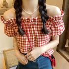 Short-sleeve Plaid Blouse Plaid - Red - One Size