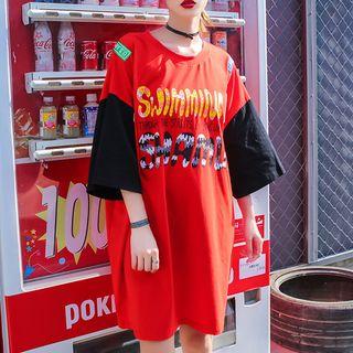 Color Panel Elbow-sleeve T-shirt Dress Red - One Size