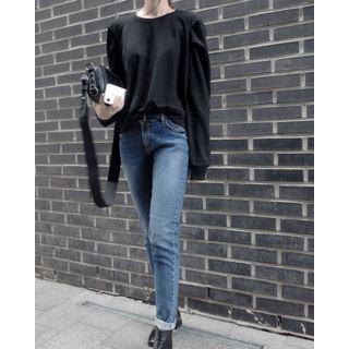 Puff-shoulder Plain Sweatshirt