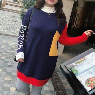 Color Block Long-sleeve Knit Dress Dark Blue - One Size