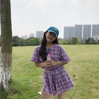 Plaid Short-sleeve Top / Plaid High Waist Shorts