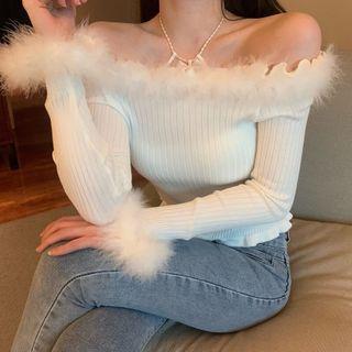Fluffy Trim Knit Top / Strappy Top