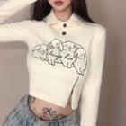 Rabbit Embroidered Cropped Polo Shirt