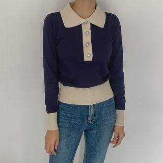 Contrast-collar Faux-pearl Knit Top Navy Blue - One Size