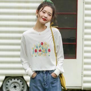 Flower Print Cropped Sweatshirt White - One Size