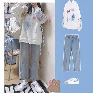 Print Hoodie / Wide-leg Jeans / Set