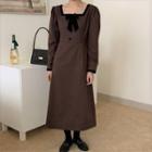 Long-sleeve Square-neck Bow Midi A-line Dress Brown - One Size