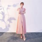 Short-sleeve Mandarin Collar Maxi A-line Lace Dress