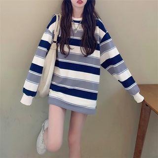 Round-neck Stripe Over-sized Long-sleeve Top Stripes - Gray & White - One Size