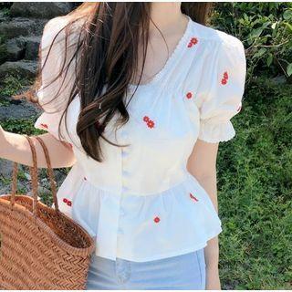 Short-sleeve Embroidered Square-neck Top