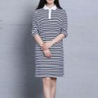 Striped Elbow-sleeve Polo Dress