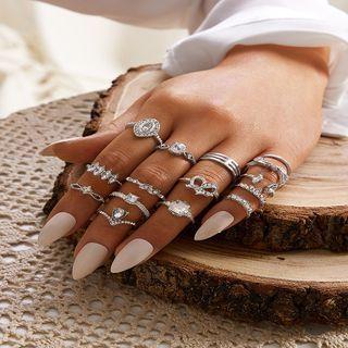 Set Of 15: Rhinestone Ring (assorted Designs) Silver - One Size
