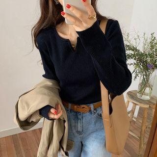 Long-sleeve Notch-neck Rib-knit Top