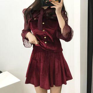 Mesh-sleeved Shirt / Pleated A-line Skirt