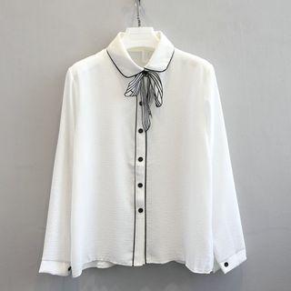 Piped Bow Long-sleeve Blouse