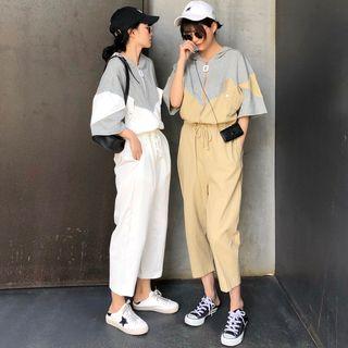 Set: Two Tone Short Sleeve Hooded Jacket + Drawstring Pants