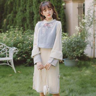 Long-sleeve Midi Qipao Dress / Embroidered Vest