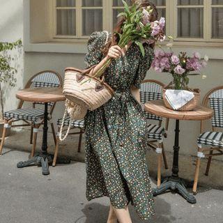 Puff-shoulder Floral Long Shirtdress