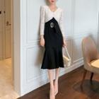 Long-sleeve Lace Panel Buckled A-line Dress