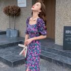 Puff-sleeve Floral Print Slit A-line Midi Dress