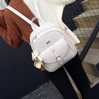 Set: Bow Accent Faux Leather Backpack + Shoulder Bag + Pouch + Key Pouch