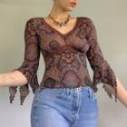 V-neck Ruffled-trim Floral Print Lace Panel Crop Top