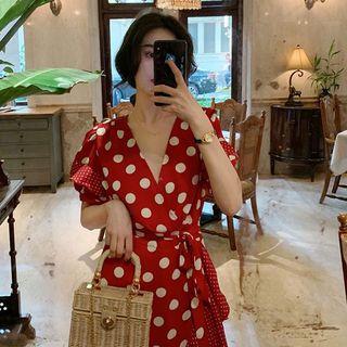 Short-sleeve Polka Dot Drawstring-waist Dress