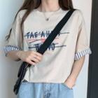 Striped Panel Letter Print Elbow-sleeve T-shirt