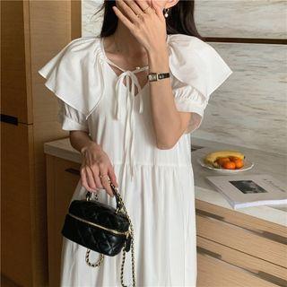 Elbow-sleeve Ruffled Midi A-line Dress White - One Size