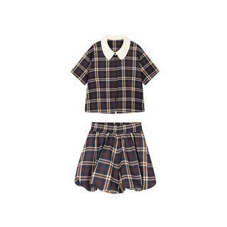 Set: Short-sleeve Plaid Button-up Top + Mini Skirt