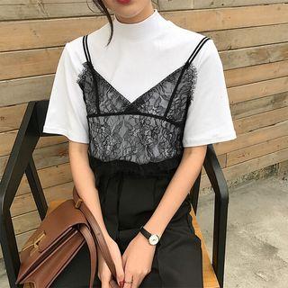 Set: Short-sleeve Mock Neck T-shirt + Spaghetti Strap Lace Top