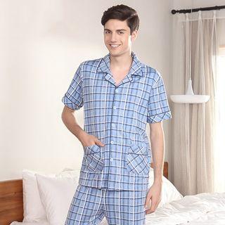 Loungewear Set: Short-sleeve Plaid Shirt + Pants