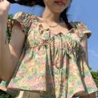 Cap-sleeve Floral Print Drawstring Top Floral - Pink & Green & Yellow - One Size