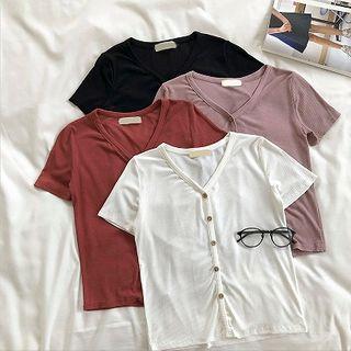 Plain V-neck Single-breasted Short-sleeve Cardigan