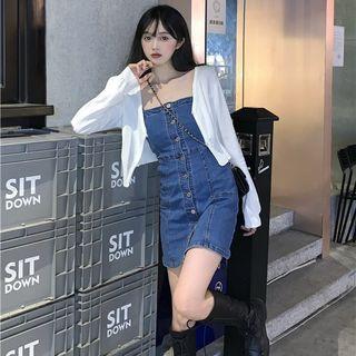 Spaghetti Strap Denim A-line Dress + Plain Cardigan