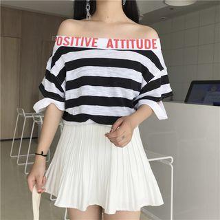 Off-shoulder Letter Stripe Elbow-sleeve T-shirt