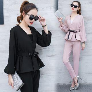 Set: Plain Long Sleeve Wrap Front Top + Pants